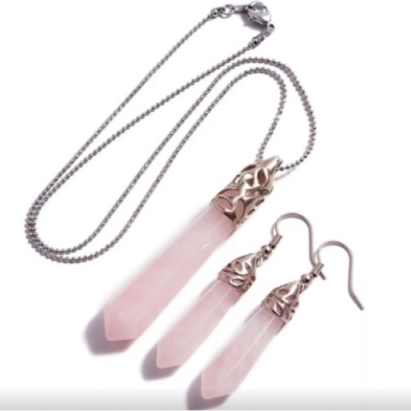 Natural Rose Quartz 925 Sterling Silver Earrings and necklace set - Picture 4 of 12